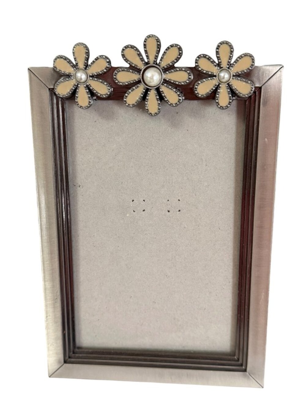 5x7 Floral Metal Picture Frame Cream Enamel Daisies Faux Pearls Tabletop